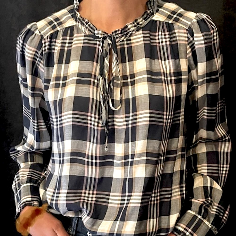 Loft plaid ruffled neck and sleeve top